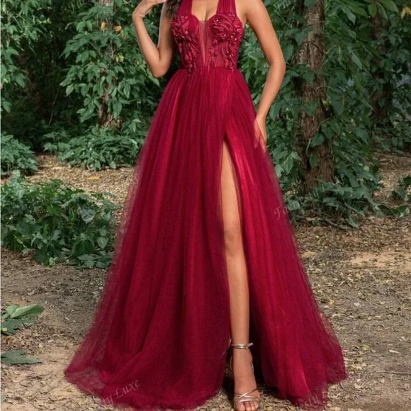 Stunning Burgundy Prom Dress with Flattering Silhouette and Daring Slit - Picture 5 of 13